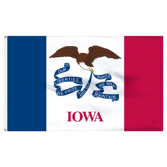 State of Iowa flag featuring three vertical stripes of blue, white, and red, with the center white stripe being wider than the outer two. In the center white field, a bald eagle flies carrying a long, waving blue streamer in its beak that reads 'OUR LIBERTIES WE PRIZE AND OUR RIGHTS WE WILL MAINTAIN'. Directly below the streamer, the word 'IOWA' is printed in large, red all-caps letters.