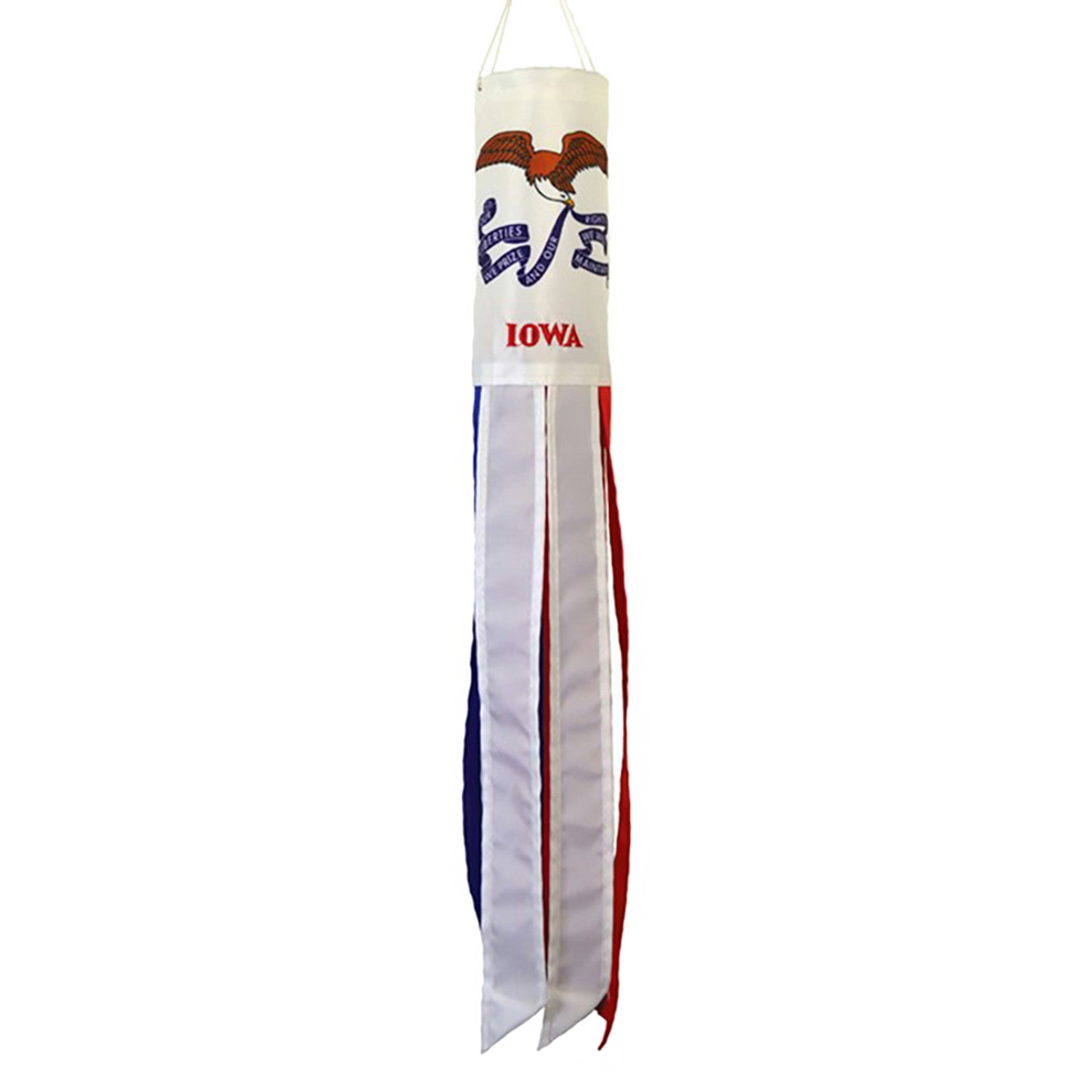 Decorative windsock with 'Iowa' text on a white background