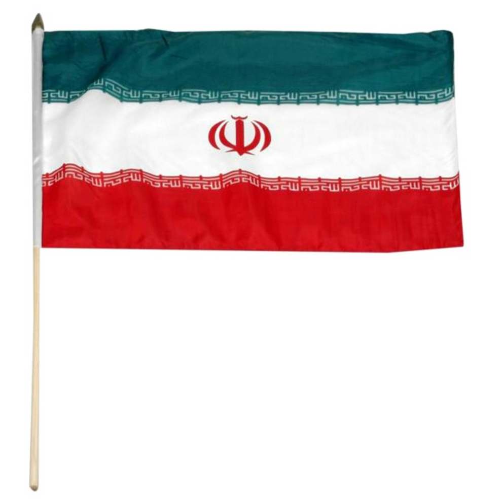 Flag of Iran with green, white, and red and a central red emblem
