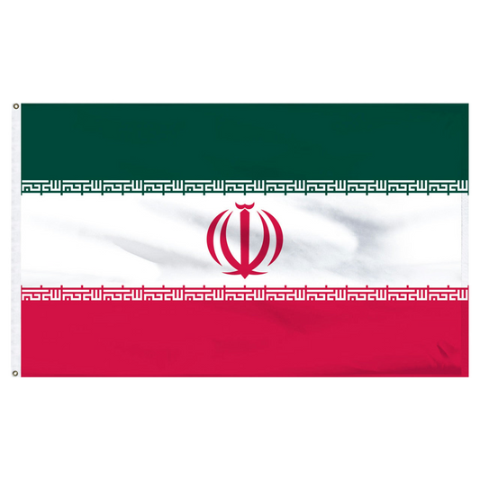 Flag of Iran with green, white, and red and a central red emblem
