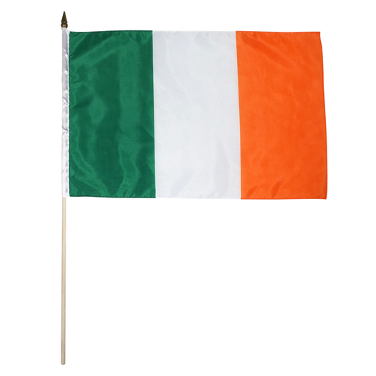 Irish flag with green, white, and orange vertical stripes on a stick.