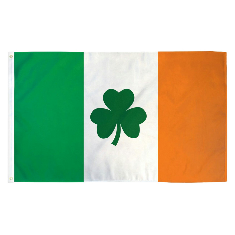 Ireland clover flag with green, white, and orange sections featuring a shamrock on a white background