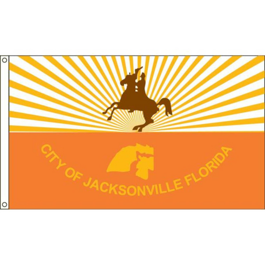Flag of the City of Jacksonville, Florida with a sunburst design and horse rider silhouette.