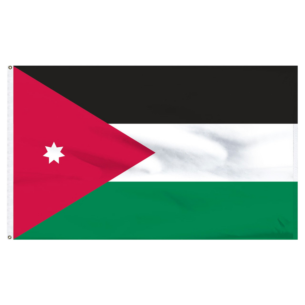 Flag of Jordan with black, white, and green horizontal bars and a red triangle with a white seven-point star.