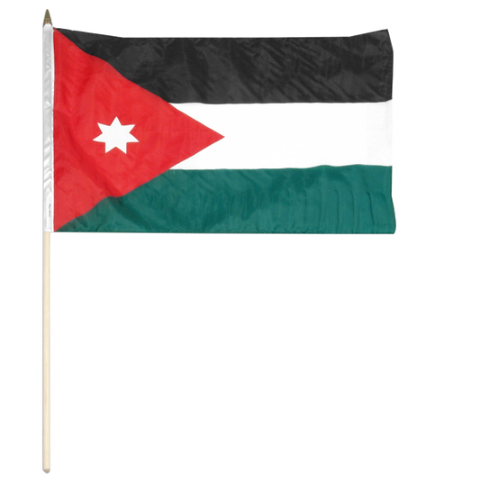 Flag of Jordan with black, white, and green horizontal bars and a red triangle with a white seven-point star.
