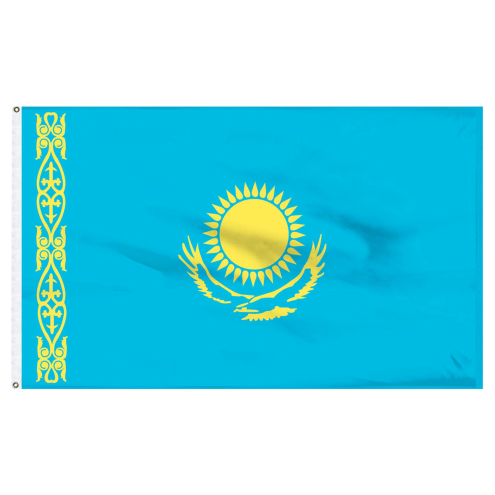 Flag of Kazakhstan with a blue background and yellow sun shaped emblem