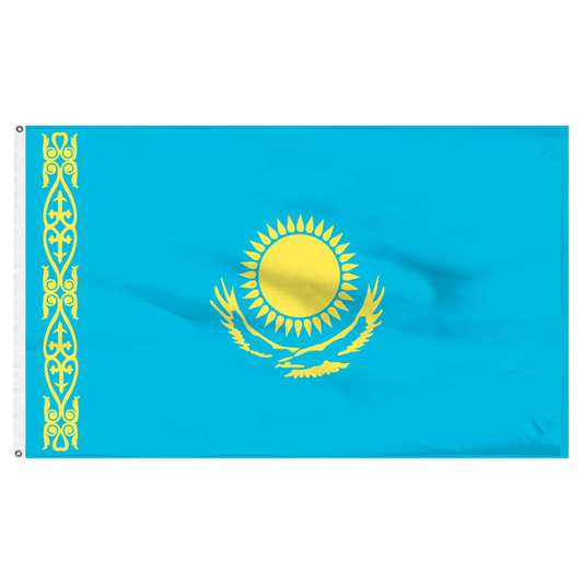 Flag of Kazakhstan with a blue background and yellow emblem