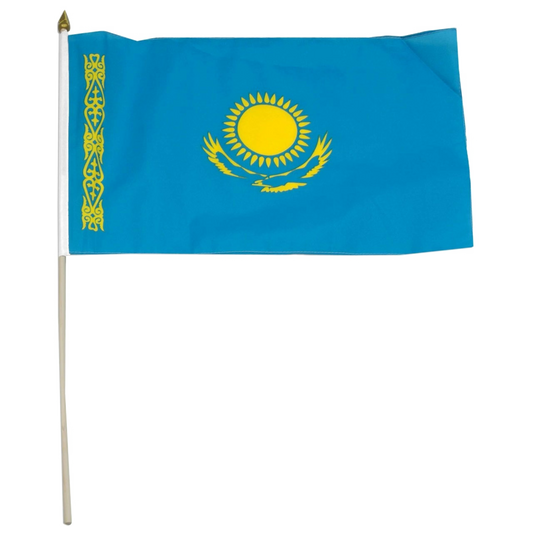 Flag of Kazakhstan with a blue background and yellow sun shaped emblem