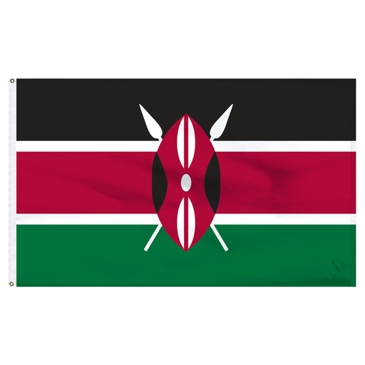 Flag of Kenya with black, red, and green thick horizontal stripes and two white thinner stripes. Flag features a central emblem with white spears.