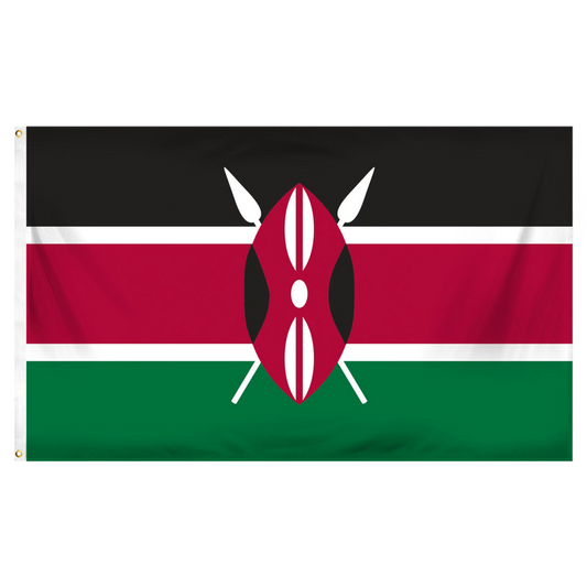 Flag of Kenya with black, red, and green thick horizontal stripes and two white thinner stripes. Flag features a central emblem with white spears.