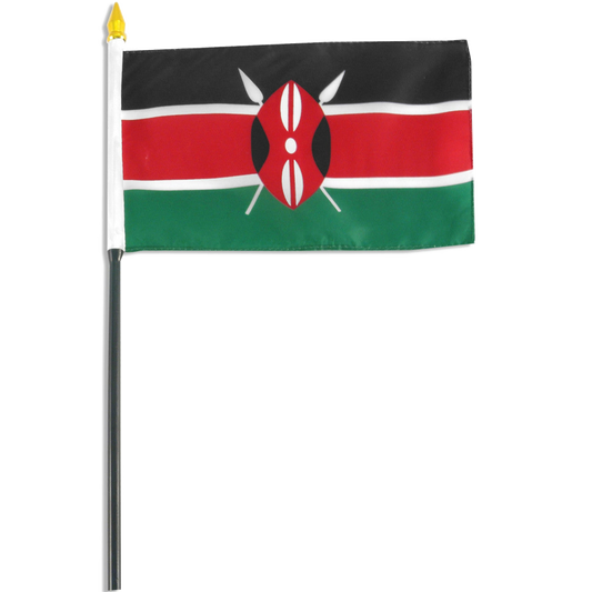 Flag of Kenya with black, red, and green thick horizontal stripes and two white thinner stripes. Flag features a central emblem with white spears.