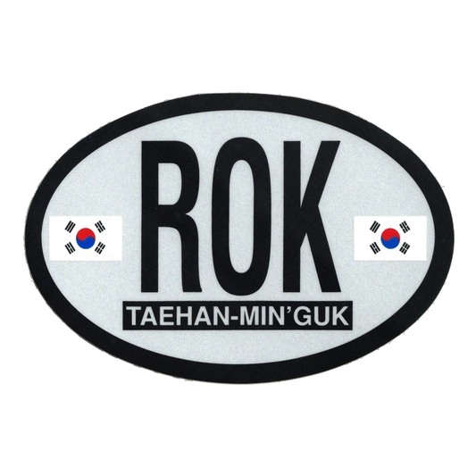Oval-shaped sticker with 'ROK' and Korean flags on a white background