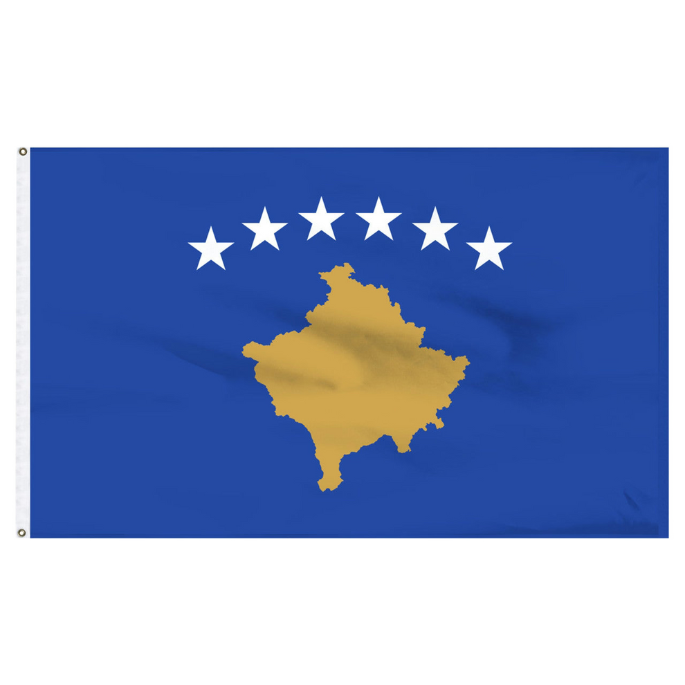 Flag of Kosovo with a blue background and gold map, featuring six white stars.