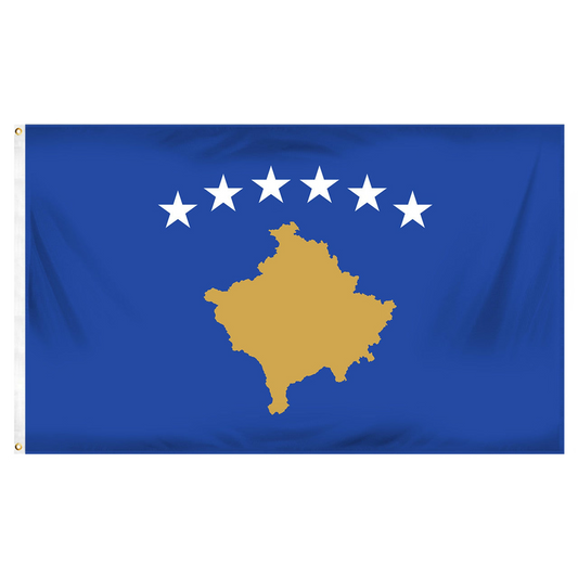 Flag of Kosovo with a blue background and gold map, featuring six white stars.