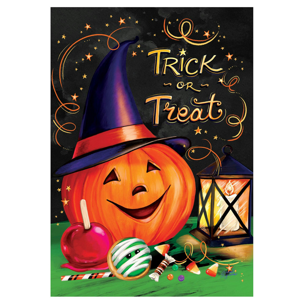 Halloween-themed garden banner with a pumpkin, witch hat, candy, and lantern on a dark background.