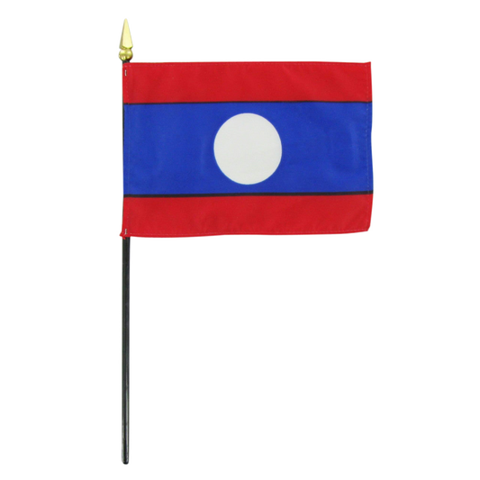 Flag of Laos with red and blue horizontal stripes and a white circle in the center.