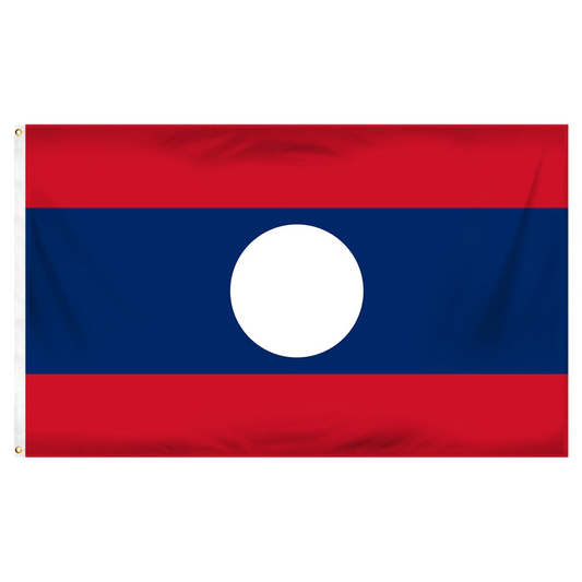 Flag of Laos with red and blue horizontal stripes and a white circle in the center.