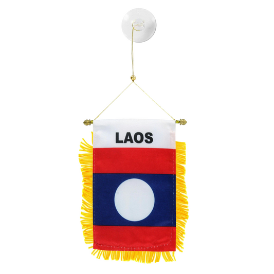 Miniature flag of Laos with yellow fringe on a white background