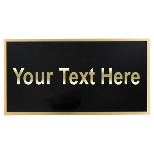 Black metal with gold border and 'Your Text Here' text