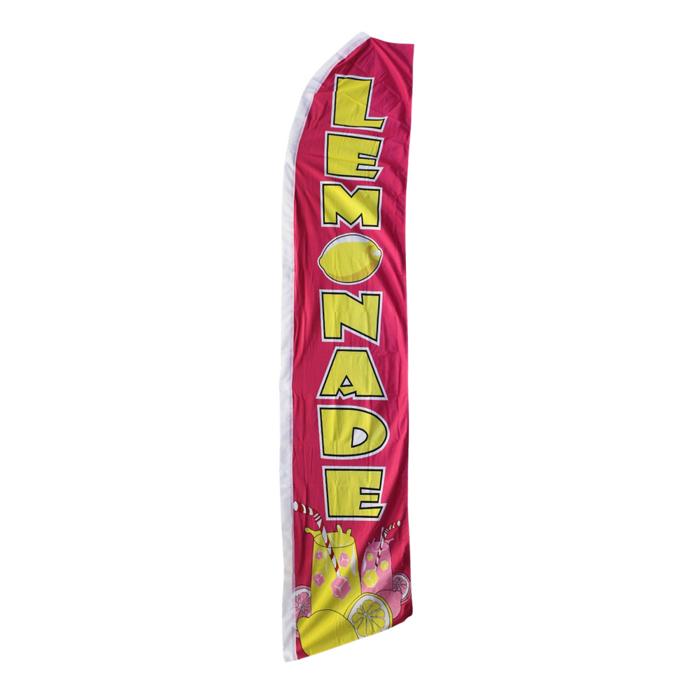 Pink feather flag with yellow 'LEMONADE' text and lemon graphics on a white background