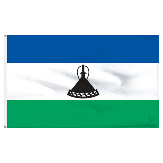 National flag of Lesotho featuring horizontal blue, white, and green stripes, with a central black Basotho hat.