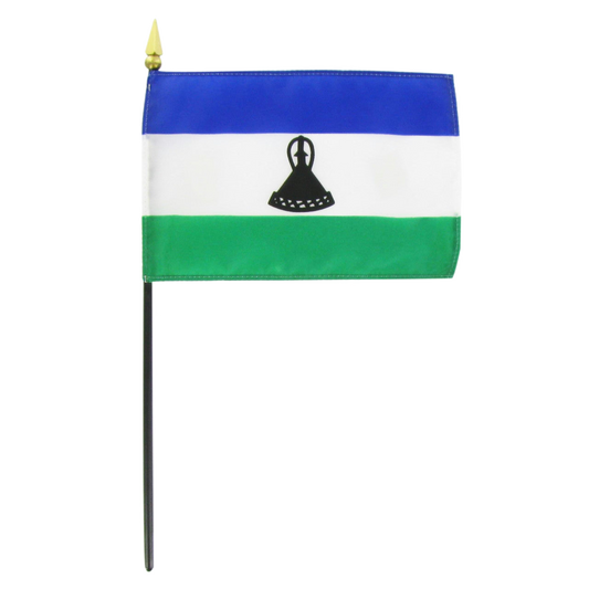 Lesotho flag with blue, white, and green horizontal stripes and a black emblem on a white background