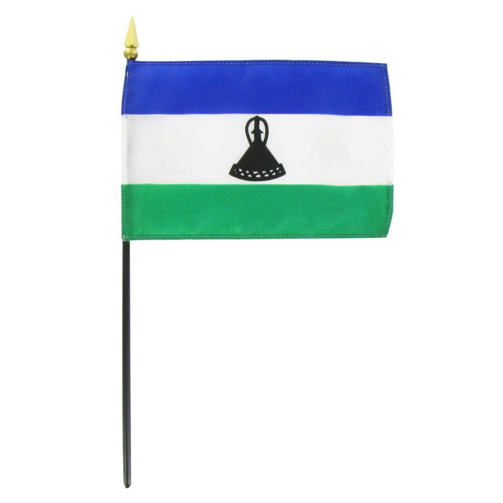 Lesotho flag with blue, white, and green horizontal stripes and a black emblem on a white background