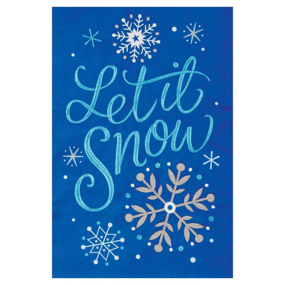 Blue flag with 'Let it Snow' text and snowflake designs on a white background