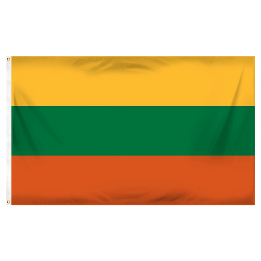Lithuanian flag with yellow, green, and orange horizontal stripes on a white background