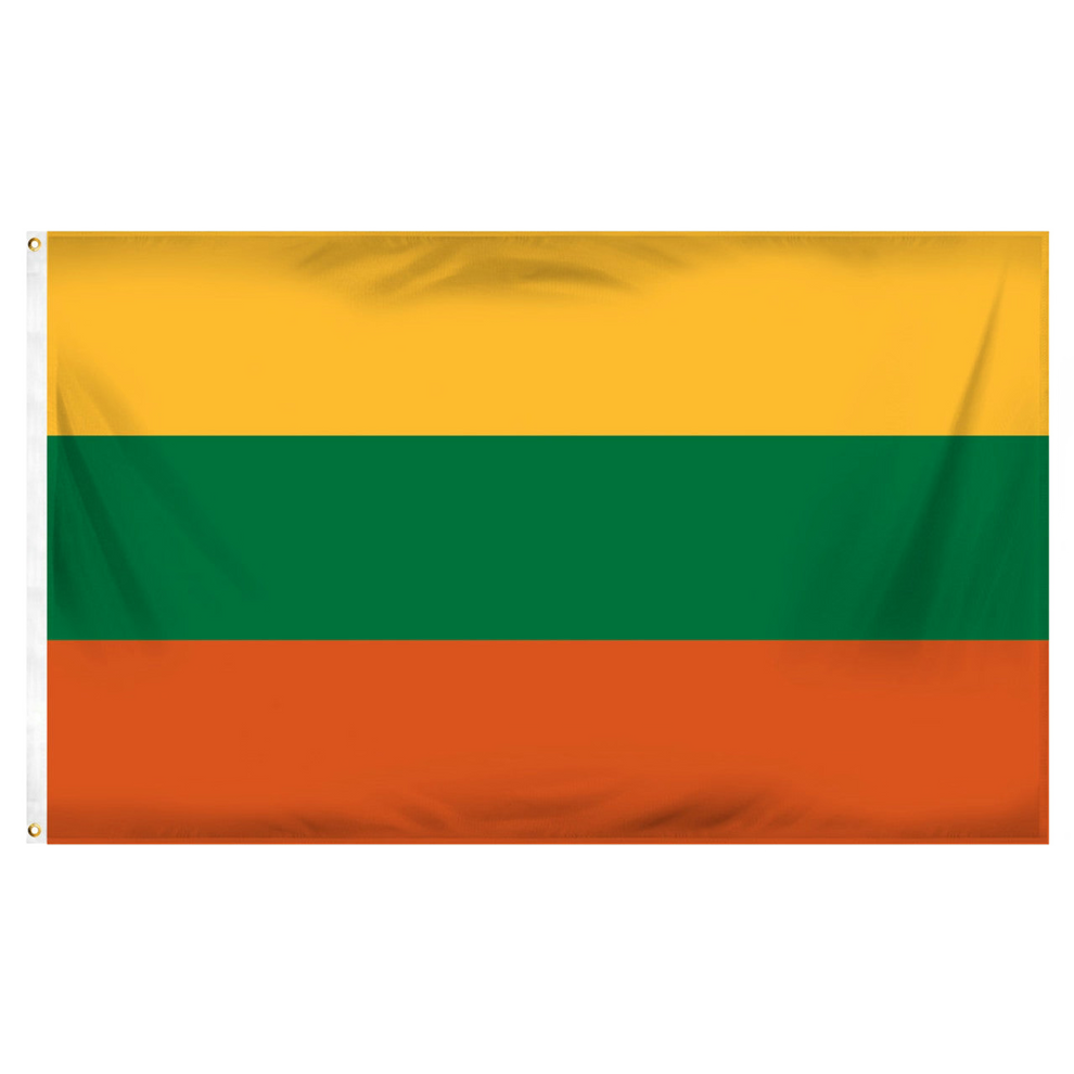Lithuanian flag with yellow, green, and orange horizontal stripes on a white background