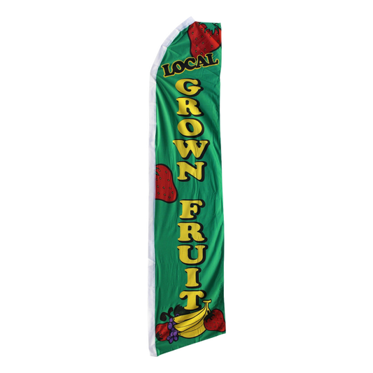 Green banner with 'Local Grown Fruit' text and fruit illustrations on a white background