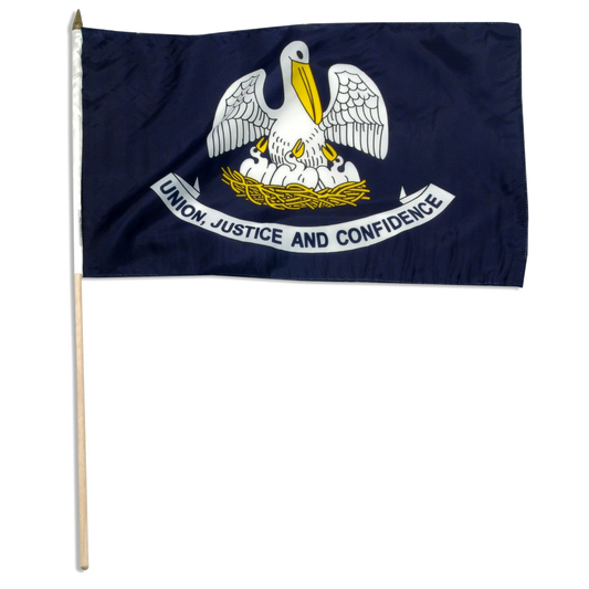 Louisiana flag with an eagle emblem and 'Union, Justice and Confidence' text on a blue background