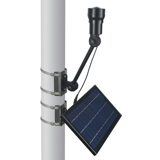 Solar panel attached to a white pole on a white background