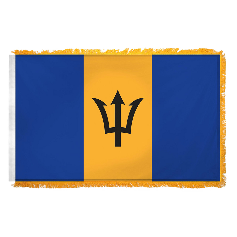 Flag of Barbados with blue and yellow stripes and a black trident symbol on a white background
