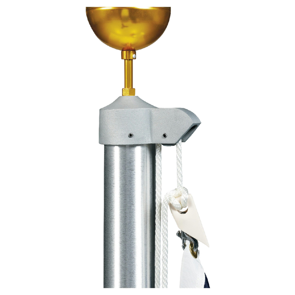 Flagpole top featuring a gold ball topper, stationary truck, rope halyard, and snap hook.