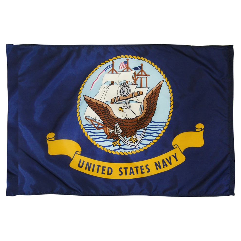 A United States Navy flag featuring a dark blue field with a golden emblem of an eagle, anchor, and ship, surrounded by a yellow circular rope, with the title 'United States Navy' printed on a yellow banner.