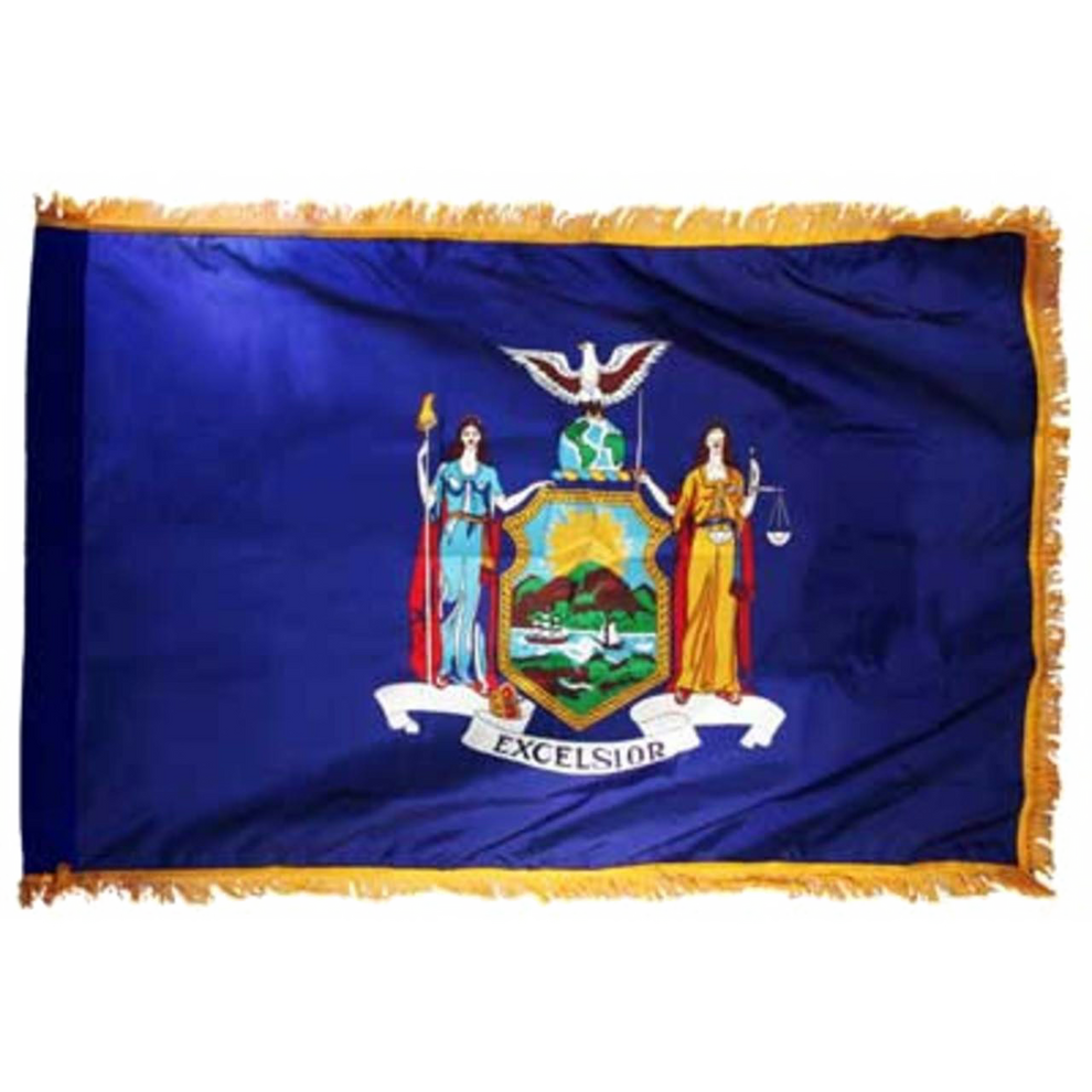 New York state flag with an image of two women, one holding judgement scales and a badge with bird on a blue canvas