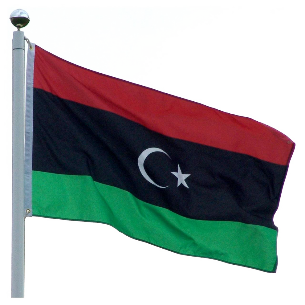 Red, black, and green flag of Libya with a white crescent moon and a star