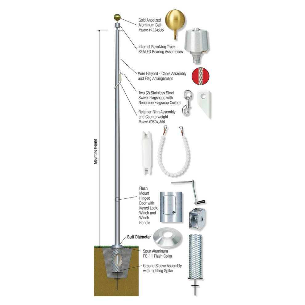 Detailed diagram of a flagpole assembly both in ground and above ground with labeled parts on a white background