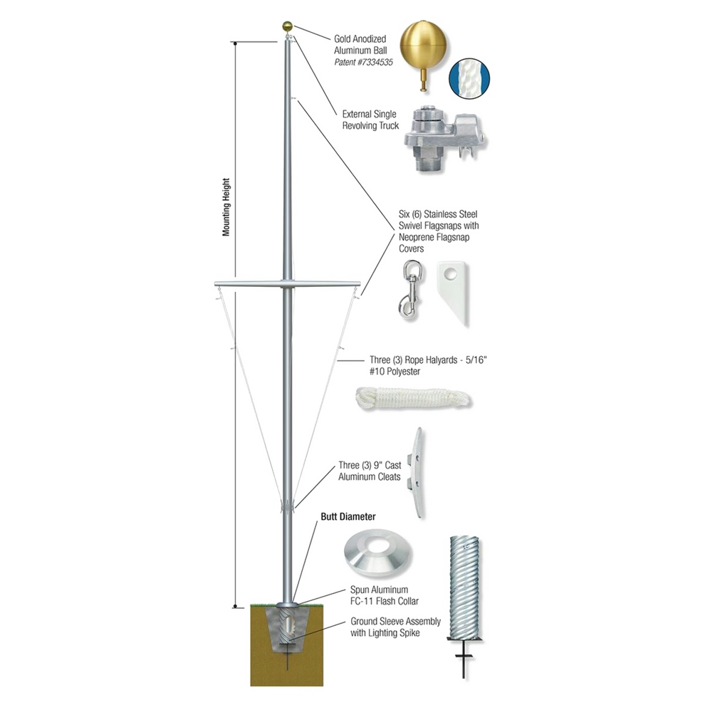 Detailed diagram of a flagpole assembly both in ground and above ground with labeled parts on a white background