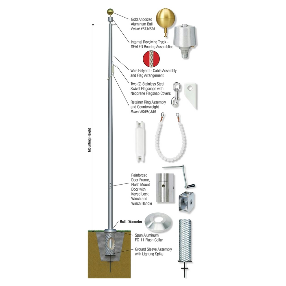 Detailed diagram of a flagpole assembly both in ground and above ground with labeled parts on a white background