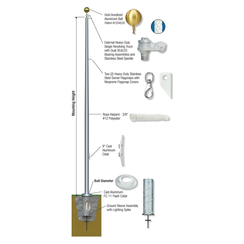 Detailed diagram of a flagpole assembly both in ground and above ground with labeled parts on a white background