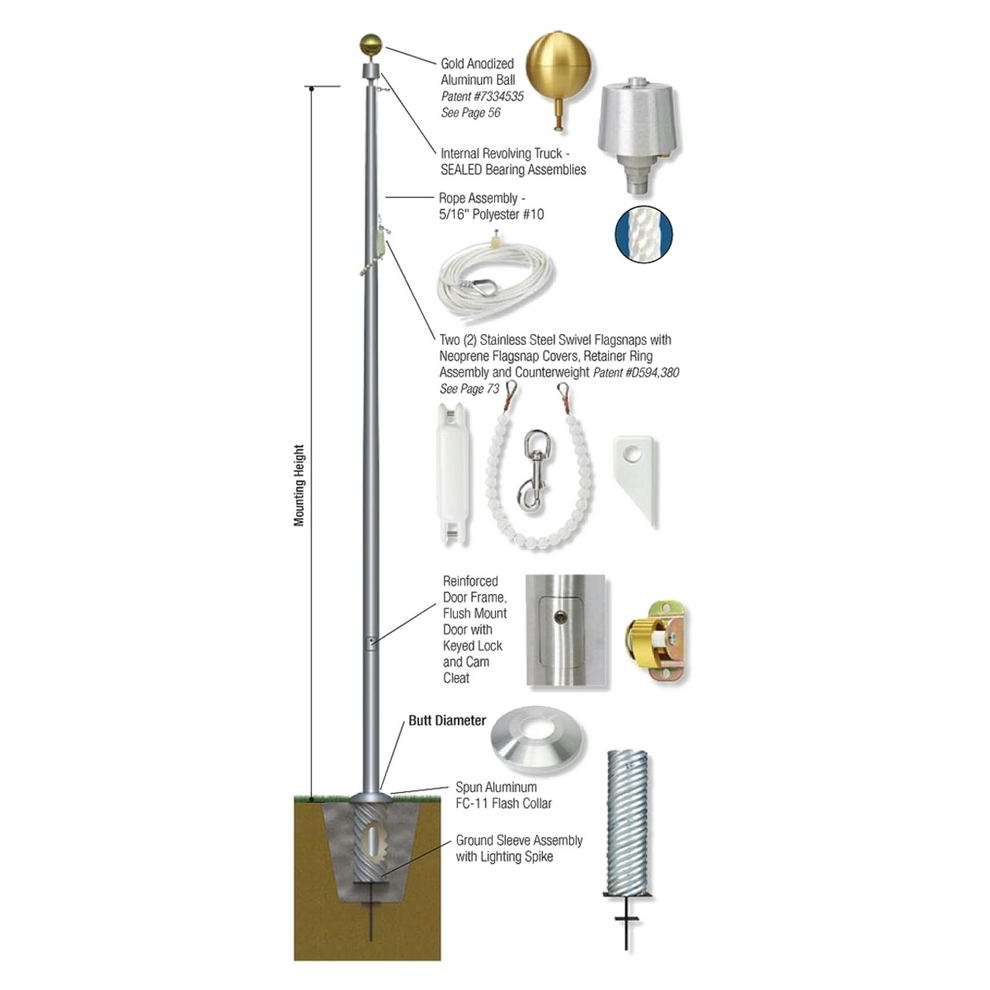 Technical illustration of an inground flagpole installation including below grown secure sleeve. Also features accessories call outs.