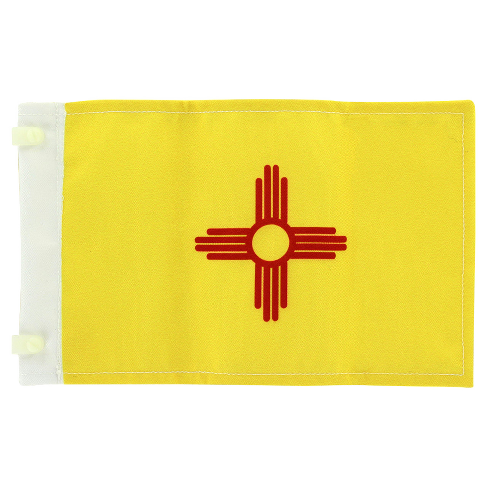 Yellow antenna flag with a red circle and four sets of four lines from the 12, 3, 6, and 9 sides of the circle