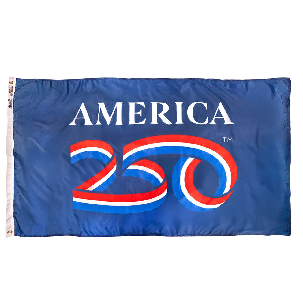 Blue flag with 'AMERICA' and '250' printed on it