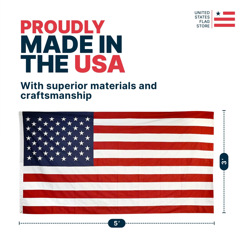 American flag with text 'Proudly Made in the USA' and dimensions on a white background.