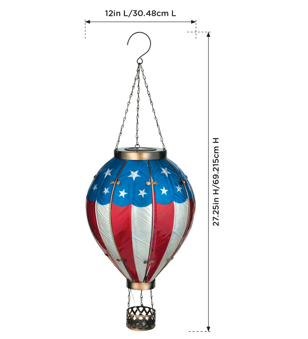 Decorative hot air balloon hanging lantern with American flag design, measurements shown.