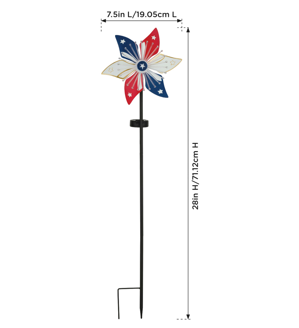 Patriotic Pinwheel Spinner Solar Stake for Outdoor Garden with measurements on a white background