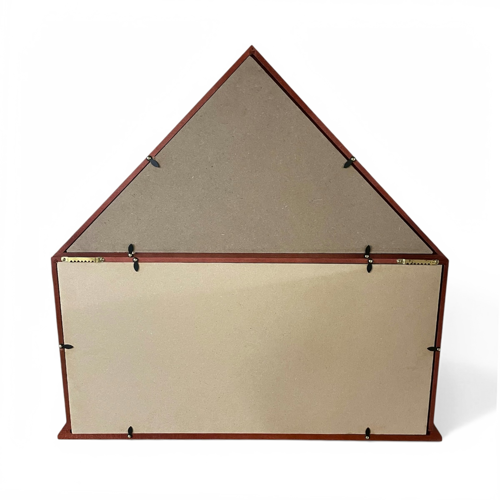 Hinged display case with a beige backing and brown frame on a white background