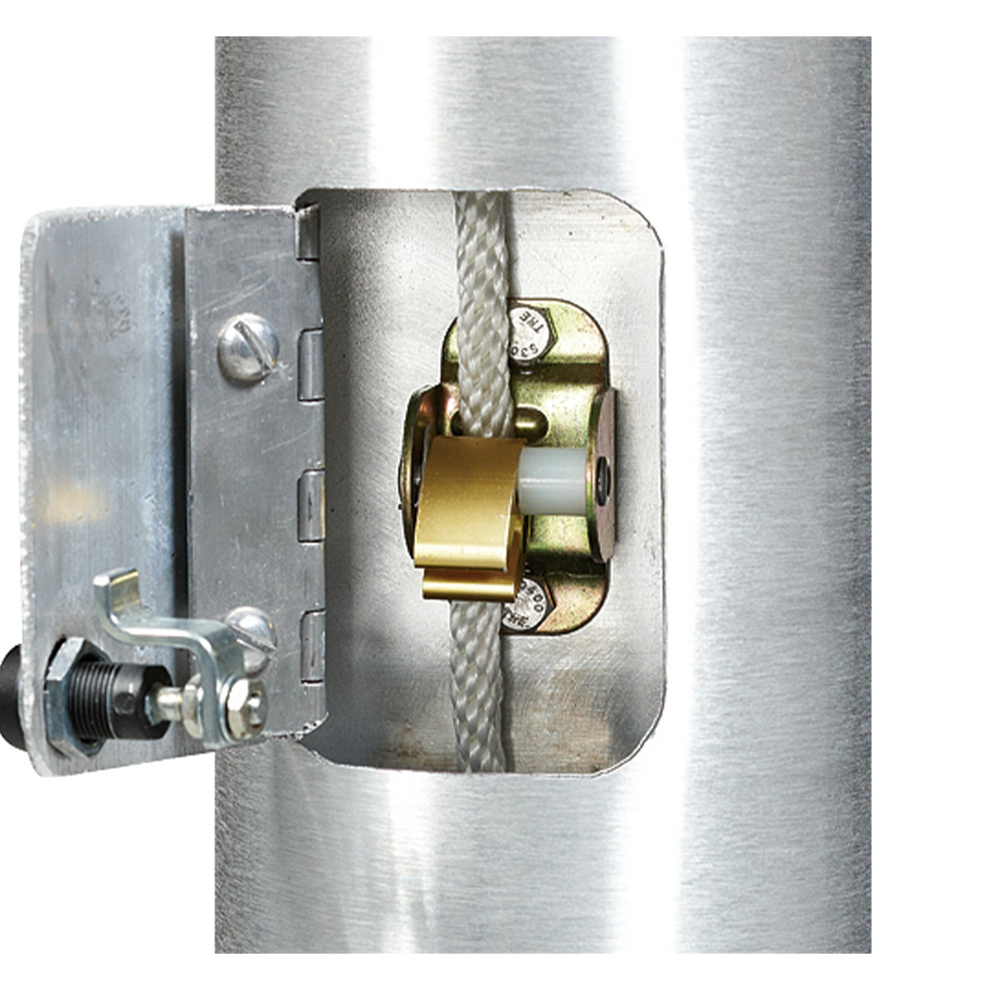 Metal door lock mechanism with a rope on a white background